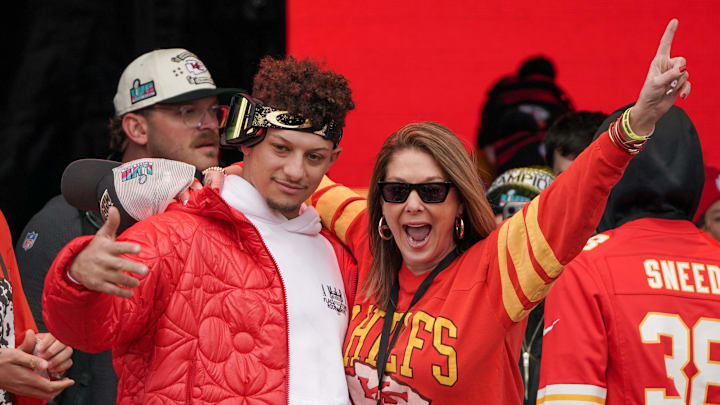 Kansas City Chiefs quarterback Patrick Mahomes (15) celebrates with his mother Randi Martin during the Kansas City Chiefs Super Bowl parade. Kansas City Chiefs quarterback Patrick Mahomes (15) celebrates with his mother Randi Martin during the Kansas City Chiefs Super Bowl parade.