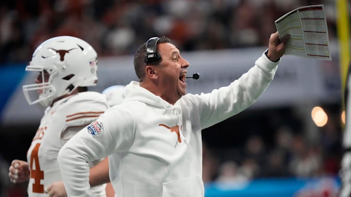 Texas head coach Steve Sarkisian directs his player against Arizona State during the second quarter of the Chick-fil-A Peach Bowl in Atlanta on Wednesday, Jan. 1, 2025.