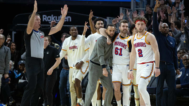 Mar 18, 2025; San Francisco, California, USA; The Golden State Warriors bench celebrates a 3-point basket against the Milwaukee Bucks during the fourth quarter at Chase Center. Mandatory Credit: D. Ross Cameron-Imagn Images Mar 18, 2025; San Francisco, California, USA; The Golden State Warriors bench celebrates a 3-point basket against the Milwaukee Bucks during the fourth quarter at Chase Center. Mandatory Credit: D. Ross Cameron-Imagn Images