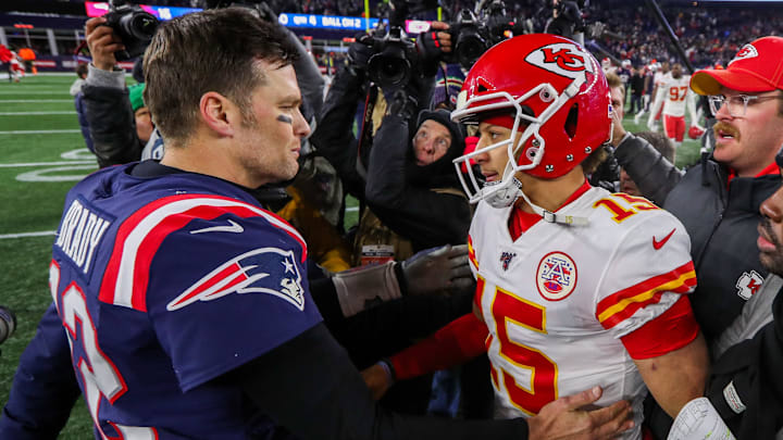 Dec 8, 2019; Foxborough, MA, USA; New England Patriots quarterback Tom Brady (12) and Kansas City Chiefs quarterback Patrick Mahomes (15) after the game at Gillette Stadium. Mandatory Credit: Paul Rutherford-Imagn Images
