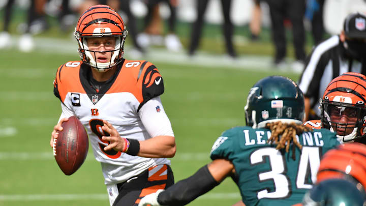 Sep 27, 2020; Philadelphia, Pennsylvania, USA; Cincinnati Bengals quarterback Joe Burrow (9) looks for a receiver in the end zone against the Philadelphia Eagles during the first quarter at Lincoln Financial Field. Mandatory Credit: Eric Hartline-Imagn Images
