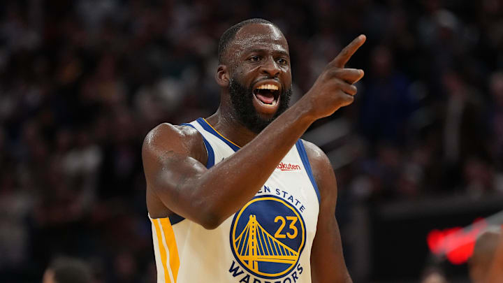 Golden State Warriors forward Draymond Green reacts after being called for a foul against the Houston Rockets.