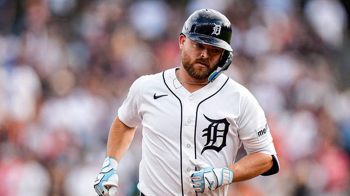 Detroit Tigers catcher Jake Rogers (34) runs past third base after batting a two run home run against the Athletics during the second inning at Comerica Park in Detroit on Wednesday, July 8, 2026. Detroit Tigers catcher Jake Rogers (34) runs past third base after batting a two run home run against the Athletics during the second inning at Comerica Park in Detroit on Wednesday, July 8, 2026.