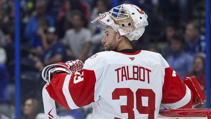 Apr 13, 2026; Tampa, Florida, USA; Detroit Red Wings goaltender Cam Talbot (39) looks on against the Tampa Bay Lightning in the third period at Benchmark International Arena. Mandatory Credit: Nathan Ray Seebeck-Imagn Images