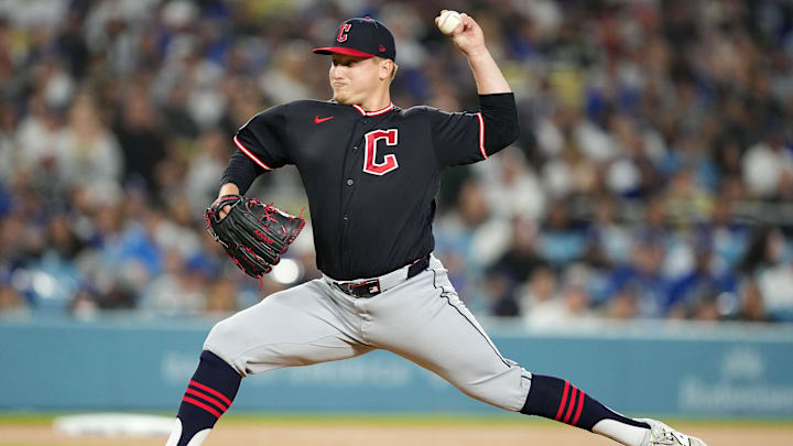 Mar 30, 2026: Cleveland Guardians pitcher Parker Messick (77) throws pitch against the Los Angeles Dodgers in the first inning at Dodger Stadium. 
