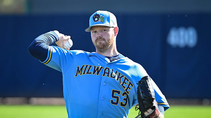 Milwaukee Brewers pitcher Brandon Woodruff (53) throws in the outfield during spring training workouts Saturday, February 14, 2026, at American Family Fields of Phoenix in Phoenix, Arizona. Milwaukee Brewers pitcher Brandon Woodruff (53) throws in the outfield during spring training workouts Saturday, February 14, 2026, at American Family Fields of Phoenix in Phoenix, Arizona.