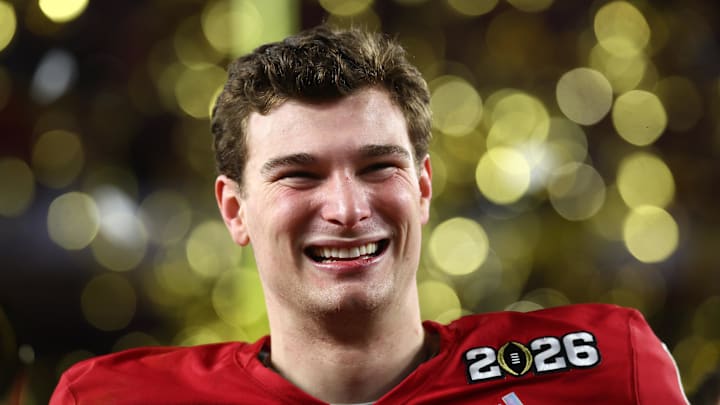 Jan 19, 2026; Miami Gardens, FL, USA; Indiana Hoosiers quarterback Fernando Mendoza (15) reacts after the College Football Playoff National Championship game against the Miami Hurricanes at Hard Rock Stadium. Mandatory Credit: Mark J. Rebilas-Imagn Images