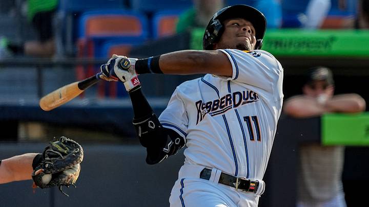 Akron center fielder Jaison Chourio (11) takes a swinging strike in a game against the Erie SeaWolves, June 30, 2026, 7 17 Credit Union Park, in Akron, Ohio.