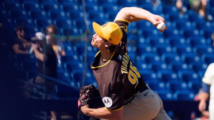 Mar 1, 2024; Phoenix, Arizona, USA;  San Diego Padres pitcher Drew Thorpe (96) on the mound in the third during a spring training game against the Milwaukee Brewers at American Family Fields of Phoenix. Mandatory Credit: Allan Henry-USA TODAY Sports