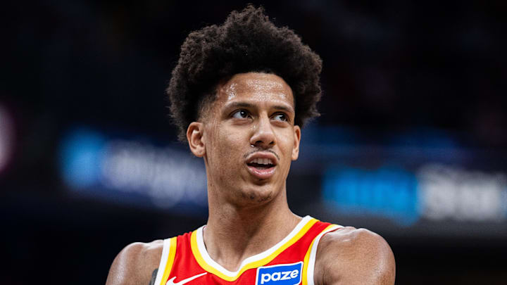 Jalen Johnson (1) in the first half against the Indiana Pacers at Gainbridge Fieldhouse