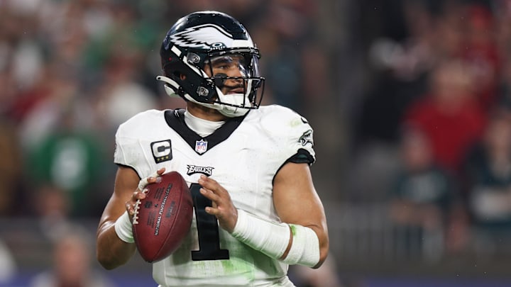 Jan 15, 2024; Tampa, Florida, USA; Philadelphia Eagles quarterback Jalen Hurts (1) looks to throw