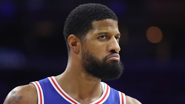 Jan 27, 2026; Philadelphia, Pennsylvania, USA; Philadelphia 76ers forward Paul George (8) looks on after a score against the Milwaukee Bucks during the fourth quarter at Xfinity Mobile Arena. Mandatory Credit: Bill Streicher-Imagn Images