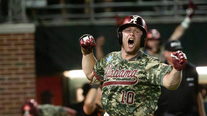 May 31, 2026; Tuscaloosa, AL, USA; Alabama batter Brady Neal (10) rejoices as he runs to first after his three-run homer cleared the wall during the Tuscaloosa NCAA Regional in the championship series between Oklahoma State and Alabama. Alabama won 9-7 in 11 innings. May 31, 2026; Tuscaloosa, AL, USA; Alabama batter Brady Neal (10) rejoices as he runs to first after his three-run homer cleared the wall during the Tuscaloosa NCAA Regional in the championship series between Oklahoma State and Alabama. Alabama won 9-7 in 11 innings.