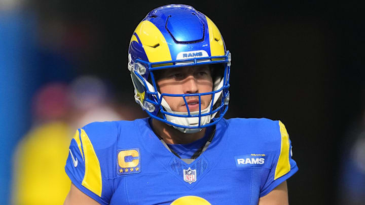 Dec 14, 2025; Inglewood, California, USA; Los Angeles Rams quarterback Matthew Stafford (9) is seen during warmups prior to the game against the Detroit Lions at SoFi Stadium. Mandatory Credit: Kirby Lee-Imagn Images