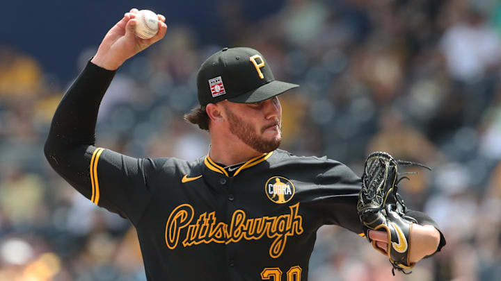 Jul 27, 2025; Pittsburgh, Pennsylvania, USA;  Pittsburgh Pirates starting pitcher Paul Skenes (30) pitches against the Arizona Diamondbacks during the fifth inning at PNC Park. Mandatory Credit: Charles LeClaire-Imagn Images