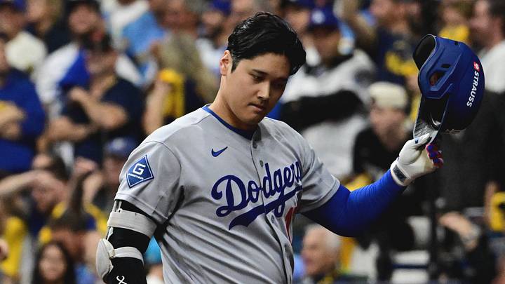 Oct 11, 2026; Milwaukee, Wisconsin, USA;  Los Angeles Dodgers pitcher Shohei Ohtani (17) reacts during the eighth inning against the Milwaukee Brewers in game one of the NLCS for the 2026 MLB Playoffs at American Family Field.  Mandatory Credit: Benny Sieu-Imagn Images
