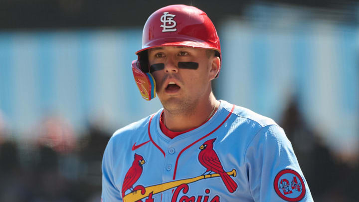 Sep 28, 2024; San Francisco, California, USA; St. Louis Cardinals outfielder Lars Nootbaar (21) reacts while batting against the San Francisco Giants during the first inning at Oracle Park. Mandatory Credit: Robert Edwards-Imagn Images