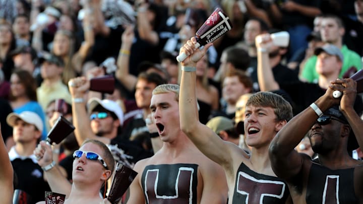 Sep 24, 2011;Starkville, MS, USA; Mississippi State Bulldogs students ring cowbells in celebration during their football game against the Louisiana Tech Bulldogs at Davis Wade Stadium. Mandatory Credit: Chuck Cook-Imagn Images