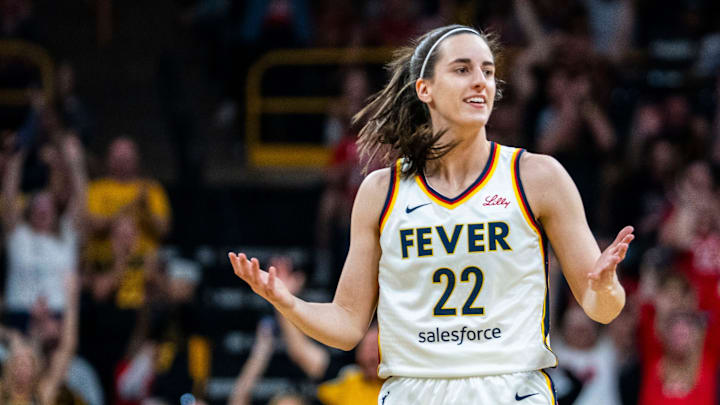 Indiana Fever guard Caitlin Clark (22) questions an official Sunday, May 4, 2025, during a preseason game between the Indiana Fever and the Brazil national team at Carver-Hawkeye Arena in Iowa City.