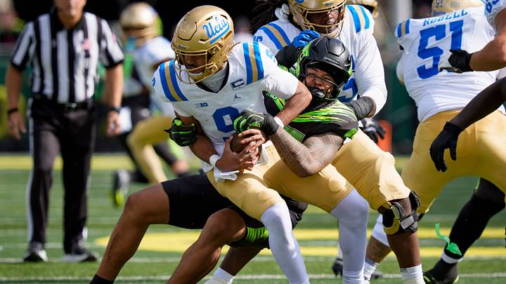 Oregon outside linebacker Matayo Uiagalelei sacks UCLA quarterback Nico Iamaleava. Oregon outside linebacker Matayo Uiagalelei sacks UCLA quarterback Nico Iamaleava.