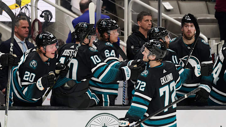 Mar 21, 2024; San Jose, California, USA; San Jose Sharks left wing William Eklund (72) shakes hands