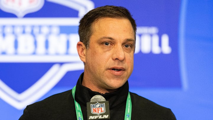 Feb 27, 2024; Indianapolis, IN, USA; Kansas City Chiefs General Manager Brett Veach talks to the media at the 2024 NFL Combine at Indiana Convention Center. Mandatory Credit: Trevor Ruszkowski-Imagn Images