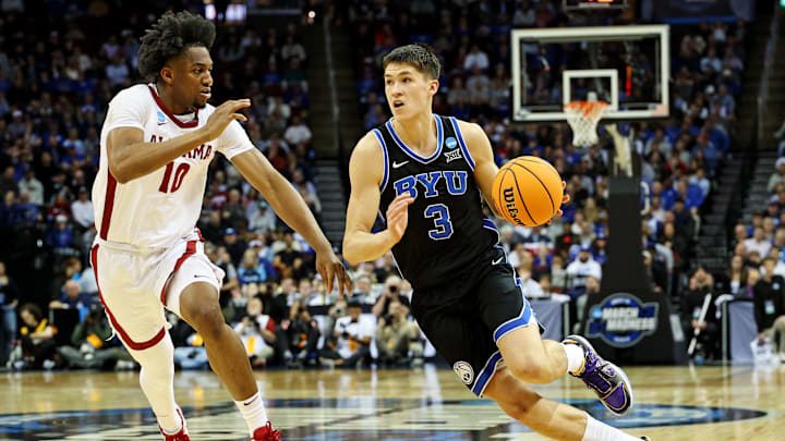 Mar 27, 2025; Newark, NJ, USA; Brigham Young Cougars guard Egor Demin (3) drives to the basket against Alabama Crimson Tide forward Mouhamed Dioubate (10) during the first half during an East Regional semifinal of the 2025 NCAA tournament at Prudential Center. Mandatory Credit: Vincent Carchietta-Imagn Images