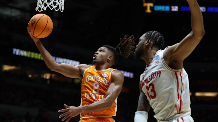 Mar 30, 2025; Indianapolis, IN, USA; Tennessee Volunteers guard Chaz Lanier (2) shoots the ball against Houston Cougars forward J'Wan Roberts (13) in the second half during the Midwest Regional final of the 2025 NCAA tournament at Lucas Oil Stadium. Mandatory Credit: Trevor Ruszkowski-Imagn Images