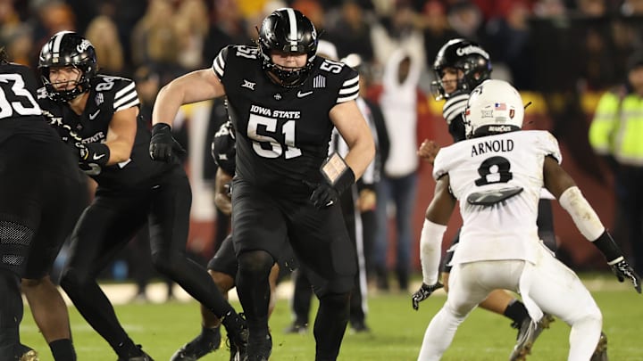 Iowa State offensive lineman Brendan Black blocks against the Cincinnati Bearcats at Jack Trice Stadium.