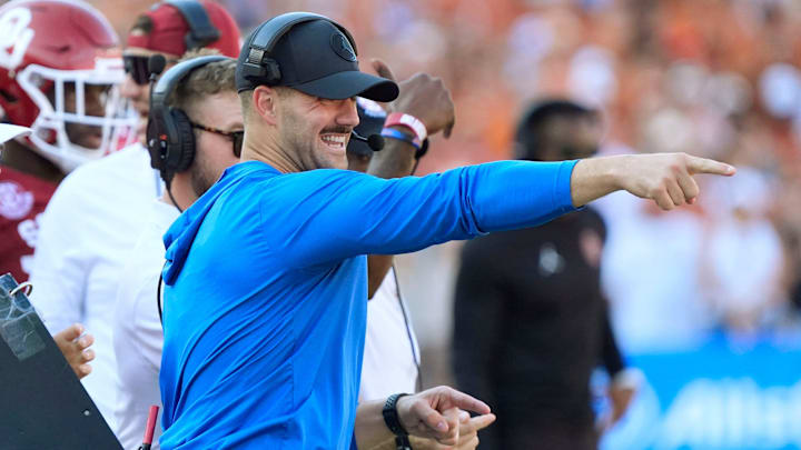 Then-Oklahoma DC Zac Alley shouts during the Red River Rivalry college football game between the University of Oklahoma Sooners (OU) and the Texas Longhorns at the Cotton Bowl in Dallas, Saturday, Oct. 12, 2024. Texas one 34-3.