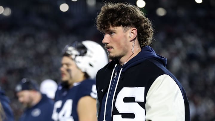 Nov 22, 2025; University Park, Pennsylvania, USA; Penn State Nittany Lions quarterback Drew Allar (15) walks on the sideline during the first quarter against the Nebraska Cornhuskers at Beaver Stadium. Mandatory Credit: Matthew O'Haren-Imagn Images
