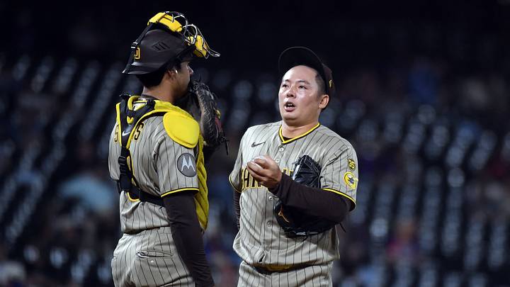 Sep 16, 2026; Denver, Colorado, USA; San Diego Padres pitcher Yuki Matsui (1) talks with catcher Ethan Salas (8) in the ninth inning against the Colorado Rockies at Coors Field. Mandatory Credit: Christopher Hanewinckel-Imagn Images Sep 16, 2026; Denver, Colorado, USA; San Diego Padres pitcher Yuki Matsui (1) talks with catcher Ethan Salas (8) in the ninth inning against the Colorado Rockies at Coors Field. Mandatory Credit: Christopher Hanewinckel-Imagn Images