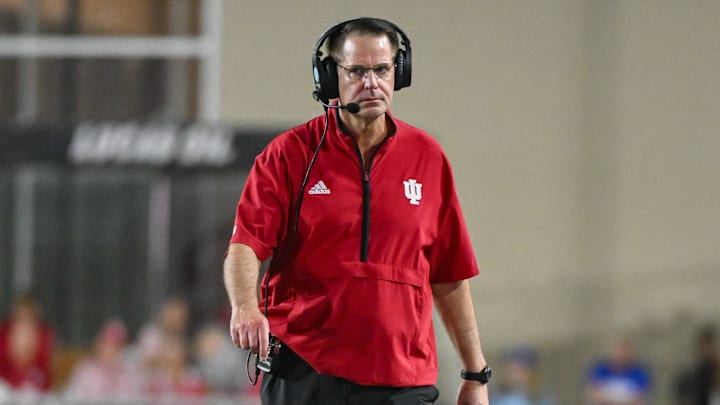 Sep 12, 2025; Bloomington, Indiana, USA; Indiana Hoosiers head coach Curt Cignetti walks along the sideline during the second half against the Indiana State Sycamores at Memorial Stadium. Mandatory Credit: Robert Goddin-Imagn Images