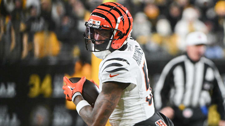Jan 4, 2025; Pittsburgh, Pennsylvania, USA; Cincinnati Bengals wide receiver Tee Higgins (5) catches a pass against the Pittsburgh Steelers during the first quarter at Acrisure Stadium. Mandatory Credit: Barry Reeger-Imagn Images