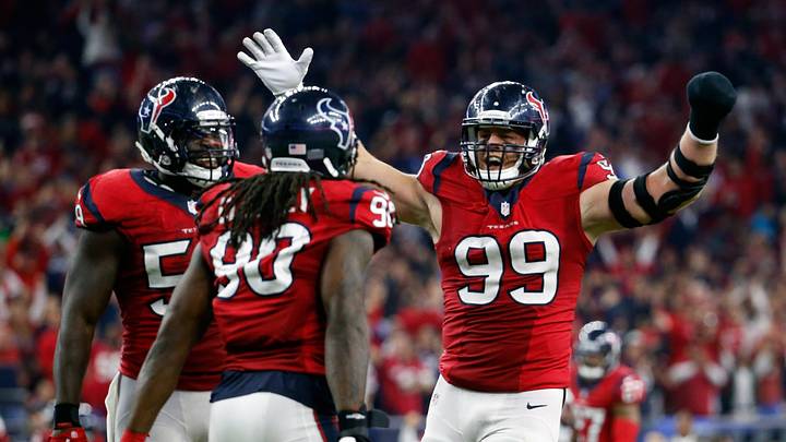 Dec 13, 2015; Houston, TX, USA; Houston Texans outside linebacker Jadeveon Clowney (90) celebrates with defensive end J.J. Watt (99) after sacking New England Patriots quarterback Tom Brady (not pictured) during the game at NRG Stadium. Mandatory Credit: Kevin Jairaj-USA TODAY Sports Dec 13, 2015; Houston, TX, USA; Houston Texans outside linebacker Jadeveon Clowney (90) celebrates with defensive end J.J. Watt (99) after sacking New England Patriots quarterback Tom Brady (not pictured) during the game at NRG Stadium. Mandatory Credit: Kevin Jairaj-USA TODAY Sports