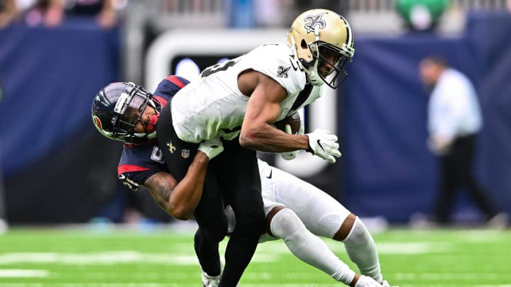 Oct 15, 2023; Houston, Texas, USA; Houston Texans cornerback Steven Nelson (21) tackles New Orleans Saints wide receiver Michael Thomas (13) during the third quarter at NRG Stadium. Oct 15, 2023; Houston, Texas, USA; Houston Texans cornerback Steven Nelson (21) tackles New Orleans Saints wide receiver Michael Thomas (13) during the third quarter at NRG Stadium.