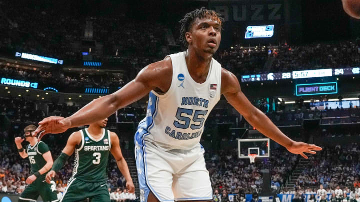 Mar 23, 2024; Charlotte, NC, USA; North Carolina Tar Heels forward Harrison Ingram (55) against Michigan State Spartans at Spectrum Center. Mandatory Credit: Jim Dedmon-USA TODAY Sports