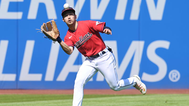 Sep 17, 2023; Cleveland, Ohio, USA; Cleveland Guardians left fielder Steven Kwan (38) catches a ball hit by Texas Rangers second baseman Marcus Semien (not pictured) during the first inning at Progressive Field. Mandatory Credit: Ken Blaze-Imagn Images Sep 17, 2023; Cleveland, Ohio, USA; Cleveland Guardians left fielder Steven Kwan (38) catches a ball hit by Texas Rangers second baseman Marcus Semien (not pictured) during the first inning at Progressive Field. Mandatory Credit: Ken Blaze-Imagn Images