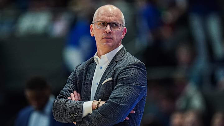 Jan 10, 2026; Hartford, Connecticut, USA; UConn Huskies head coach Dan Hurley watches from the sideline as they take on the DePaul Blue Demons at PeoplesBank Arena. Mandatory Credit: David Butler II-Imagn Images