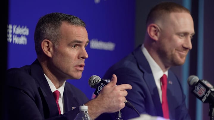 Brandon Beane, president of football operations and general manager for the Buffalo BIlls, and head coach Joe Brady.