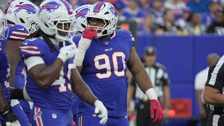 Buffalo Bills' defensive lineman DeWayne Carter (90) talks to teammates during first-half action of Buffalo's preseason game against the Pittsburgh Steelers at Highmark Stadium on Aug. 27, 2026, in Orchard Park, NY. Buffalo Bills' defensive lineman DeWayne Carter (90) talks to teammates during first-half action of Buffalo's preseason game against the Pittsburgh Steelers at Highmark Stadium on Aug. 27, 2026, in Orchard Park, NY.