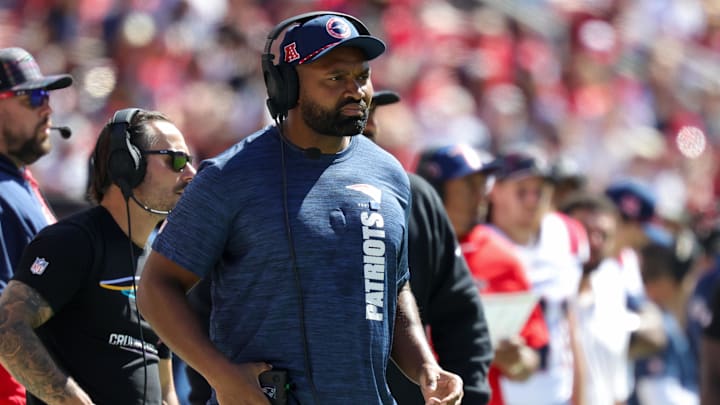Sep 29, 2024; Santa Clara, California, USA; New England Patriots head coach Jerod Mayo looks on during the first quarter against the San Francisco 49ers at Levi's Stadium.