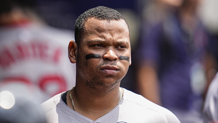 Jun 1, 2025; Cumberland, Georgia, USA; Boston Red Sox designated hitter Rafael Devers (11) shown in the dugout before the game against the Atlanta Braves at Truist Park. Mandatory Credit: Dale Zanine-Imagn Images