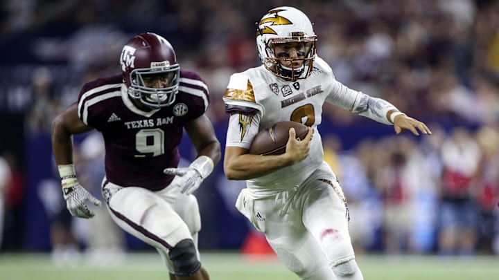 Arizona State Sun Devils quarterback Mike Bercovici (2) rushes for a touchdown on a keeper during the third quarter against the Texas A&M Aggies at NRG Stadium. The Aggies defeated the Sun Devils 38-17.