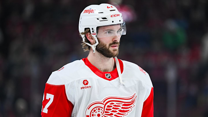 Jan 10, 2026; Montreal, Quebec, CAN; Detroit Red Wings center Michael Rasmussen (27) looks on during warm-up before the game against the Montreal Canadiens at Bell Centre. Mandatory Credit: David Kirouac-Imagn Images