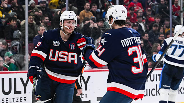 Feb 13, 2025; Montreal, Quebec, CAN; [Imagn Images direct customers only] Team USA forward Matthew Tkachuk (19) celebrates with Team USA forward Auston Matthews (34) his goal against Team Finland in the third period during a 4 Nations Face-Off ice hockey game at Bell Centre. Mandatory Credit: David Kirouac-Imagn Images