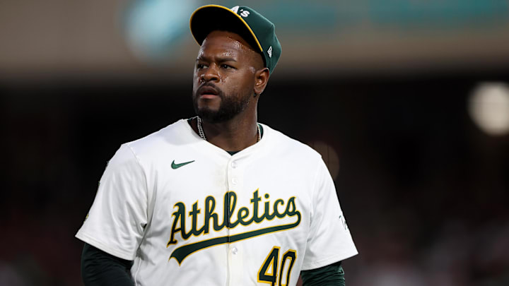 Jun 7, 2025; West Sacramento, California, USA; Athletics starting pitcher Luis Severino (40) walks back to the dugout after the fifth inning against the Baltimore Orioles at Sutter Health Park. Mandatory Credit: Dennis Lee-Imagn Images