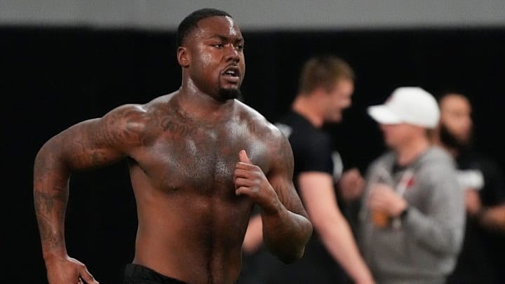 Former Georgia defensive lineman Mykel Williams runs a drill during UGA Footballs Pro Day in Athens, Ga., on Wednesday, March 12, 2025. Representatives from all 32 NFL teams are on hand to watch former UGA football players in action.