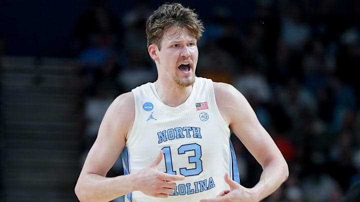 Mar 19, 2026; Greenville, SC, USA; North Carolina Tar Heels center Henri Veesaar (13) celebrates after a play against the VCU Rams in the first round of the 2026 NCAA Tournament.