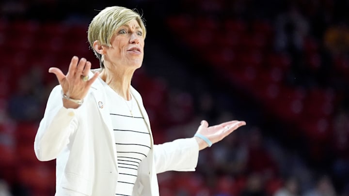 Iowa head women's baskeball coach Jan Jensen reacts during first half of the first round of the NCAA Women's college basketball game between Iowa and Murray State at the Lloyd Noble Center in Norman, Okla., Saturday, March, 22, 2025.